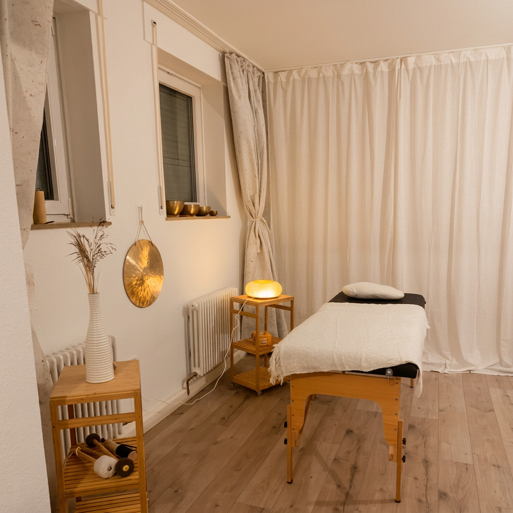 Klangmassage-Raum mit Massageliege, Klangschalen und warmem Licht