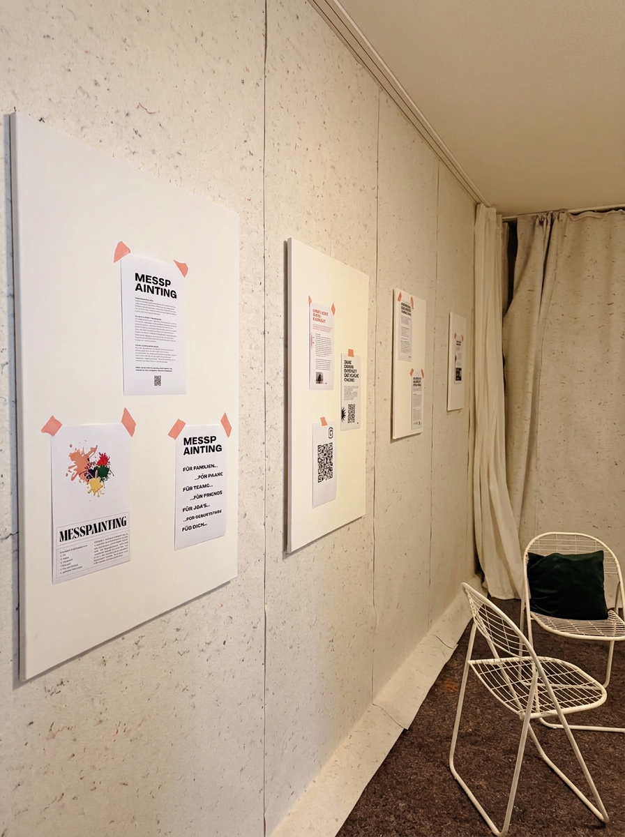 Messpainting Info-Poster an einer Wand mit Stühlen im Studio
