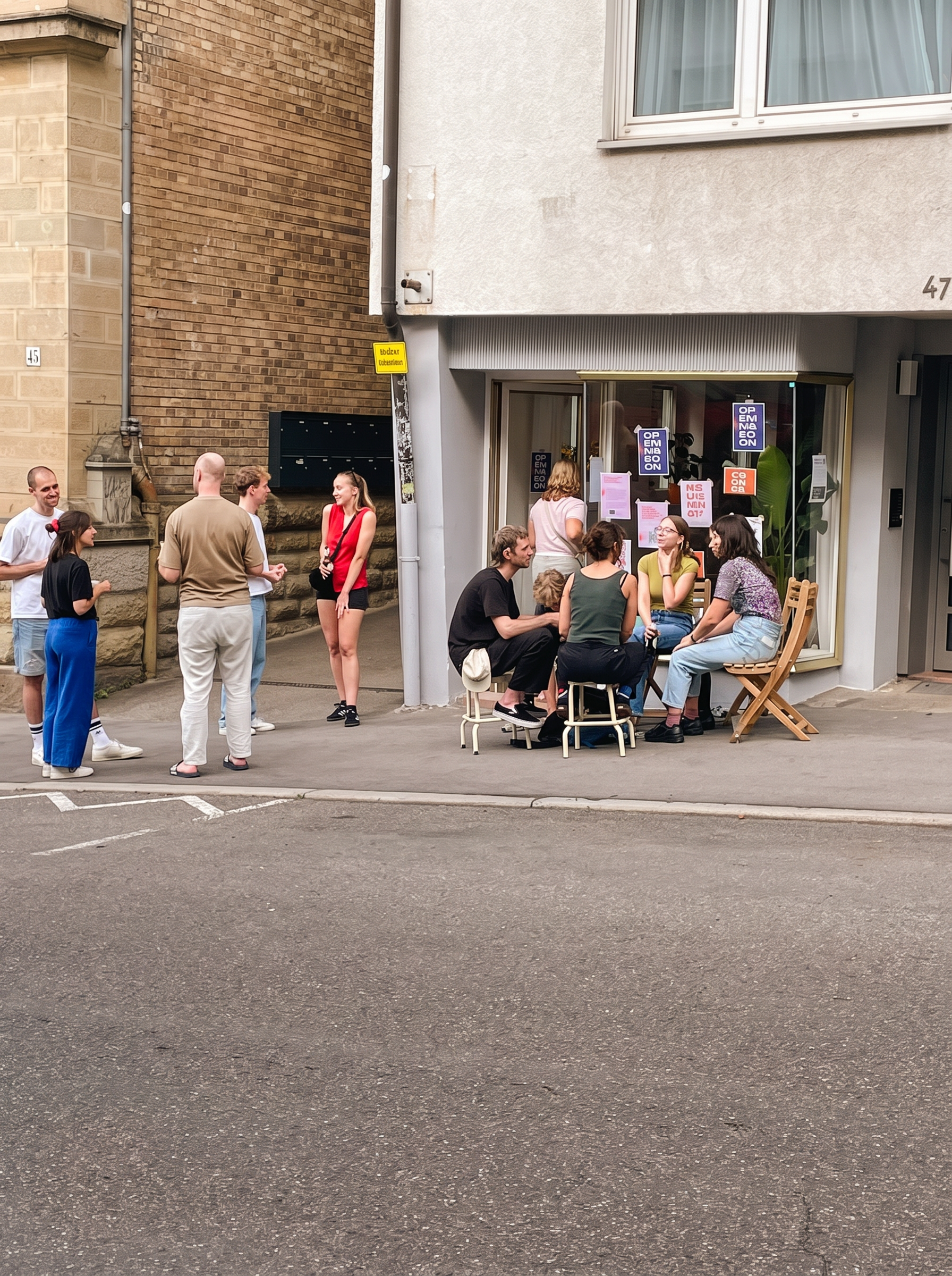 Menschen sitzen und stehen vor dem Studio in der Kernerstraße